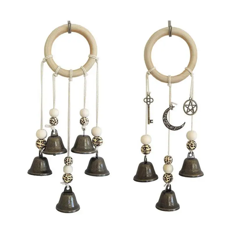 Bohemian Handmade Wind Chime Natural Wooden Hoop Retro Metal Bells for Bedroom Living Room Home Ornament Gift