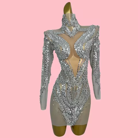 Fashion Long Sleeves Sequin Rhinestone Night Club Party Pencil Dress Ladies Evening Gown Women Dance Wear Prom Banquet Dress