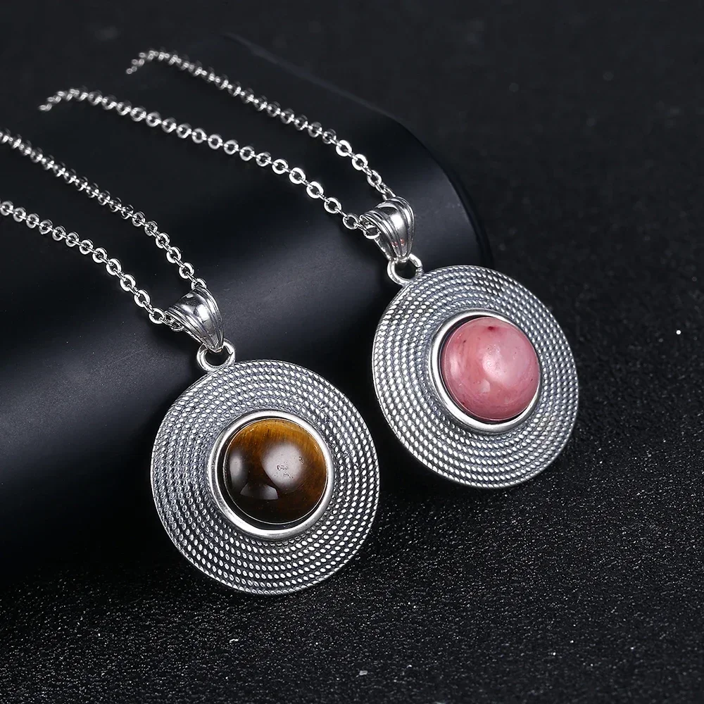 10MM Stone Round Pendant Necklace 925 Sterling Silver High Quality Natural Tiger Eye Rhodochrosite Wedding Gift Luxury Jewelry