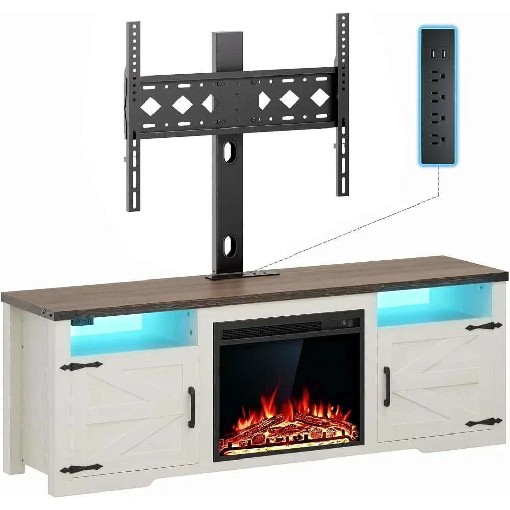 Fireplace TV Stand with Mount & Charging Station LED Lights Farmhouse TVs Console with Barn Door Electric Fireplace TV Console