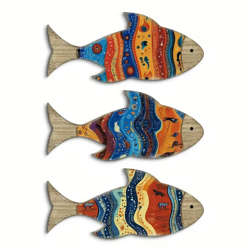 3 Pack Colorful Tribal Pattern Wooden Fish Wall Decor, Rustic Painted Wood Fish Cutout Wall Art for Coastal Nautical Beach Home