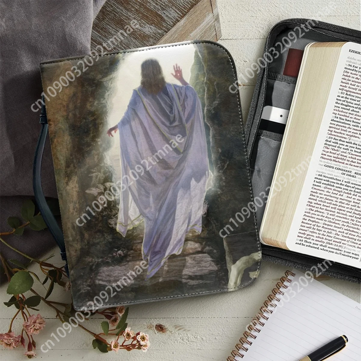 

Jesus Graphic Custom Women Bible Cover Case Portable Bible Storage Bags Genuine Leather Zippered Handle Handbags Holy Bible Bag