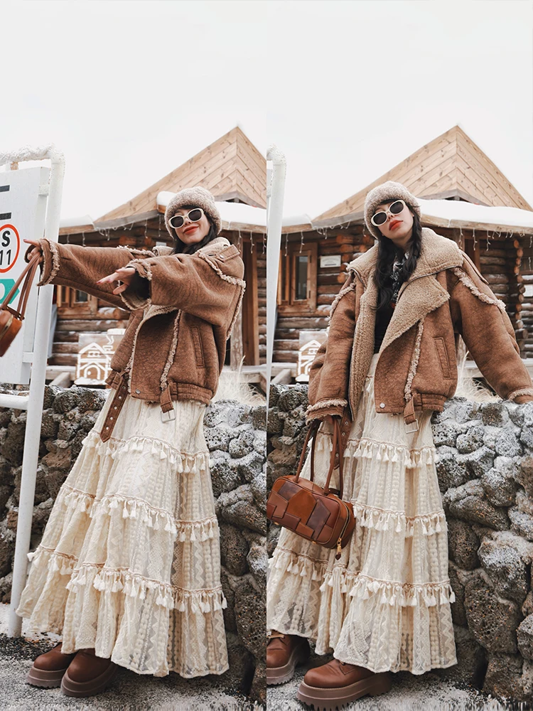 TIYIHAILEY الشتاء النساء ملابس خارجية معاطف سترة دافئة فو فرو الضأن جلد سميك جودة عالية رفض طوق البني 2025 جديد