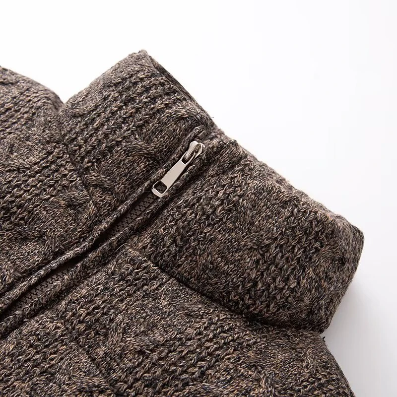 Women's Knitted Texture Stand Collar Zip Cropped Jacket Winter Warm Loose Casual Coat (Brown/Black/White)