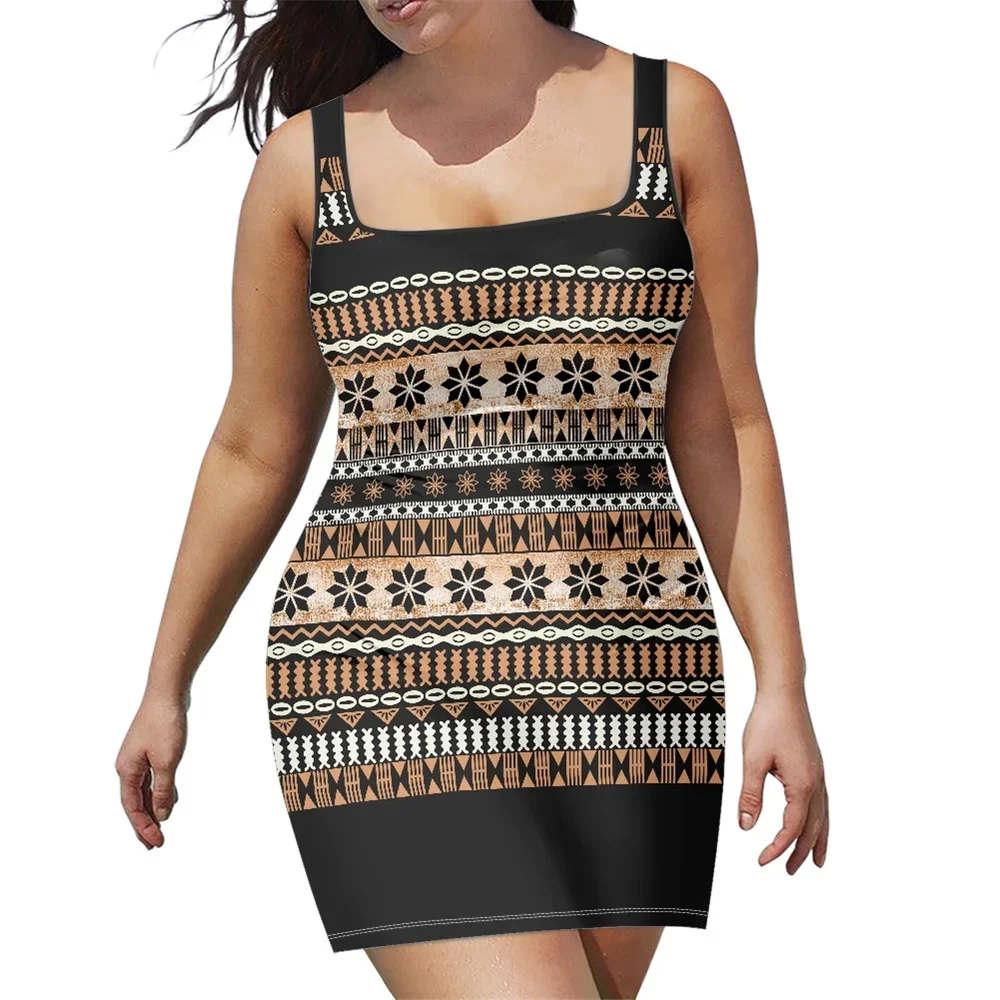 Summer Polynesian Tribal Clothing Dress For Women Hibiscus Samoa Tongan Fijian Masi Tapa Black Tank Vest Mini Bodycon Dresses