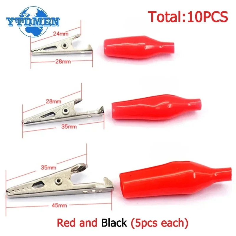 10PCS Alligator Clips Kit Insulation Metal Crocodile Clip 24*28mm 28*35mm 35*45mm DIY Electric Test Clip Red and Black 5pcs Each