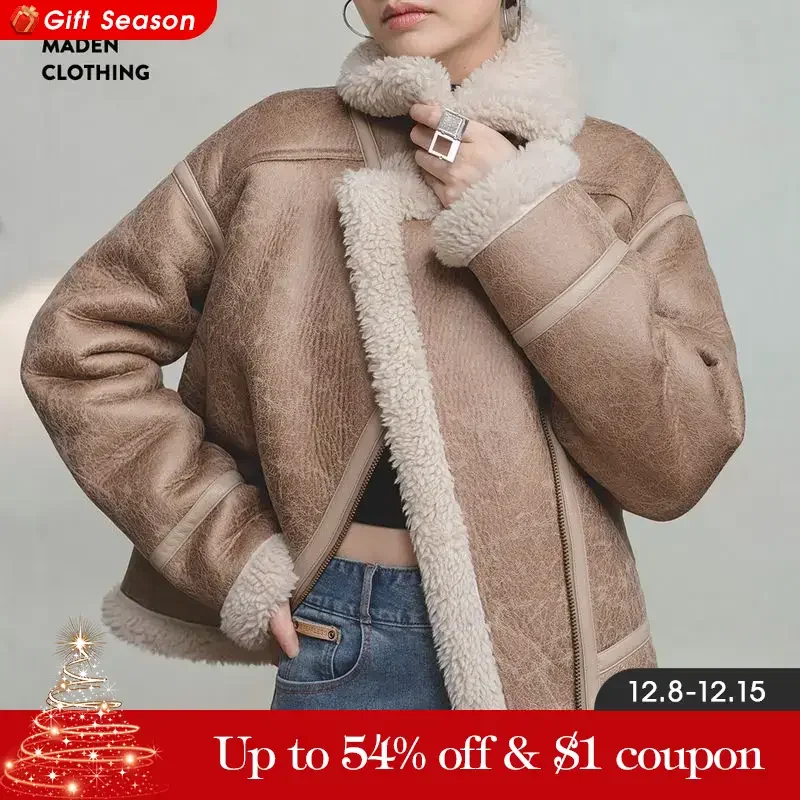 MADEN Women Imitation Lamb Fur Leather Jacket 2024 Autumn Winter Long Sleeve Turn-down Collar Warm Thick Coat Bomber Jacket