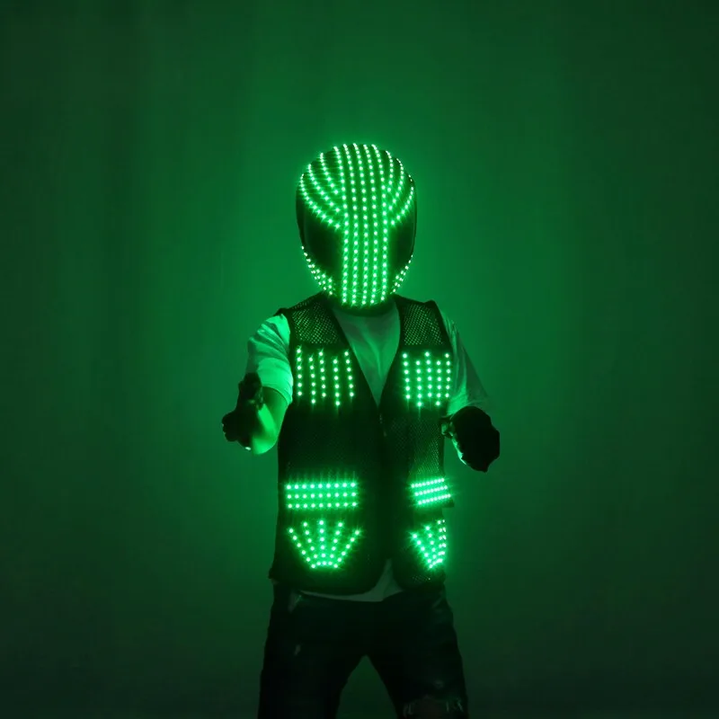 LED Helmet and Mesh Vest Set, Light Up Costume with Adjustable Brightness and Flash Speed for DJ Stage Shows and Rave Parties