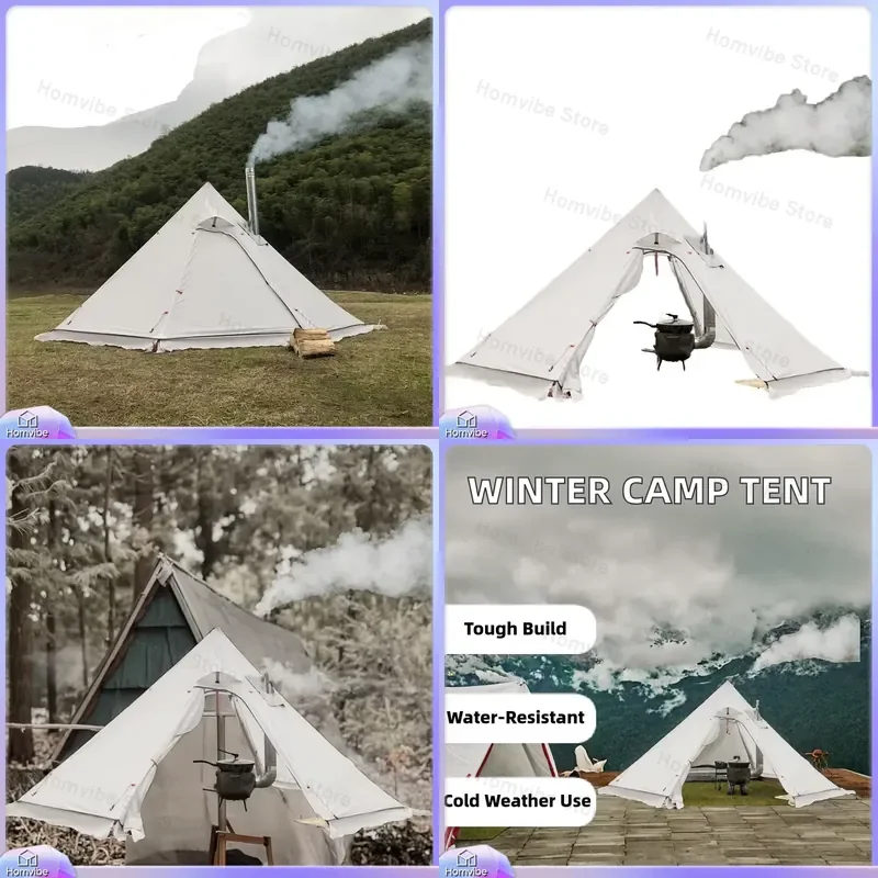 Ultralight Aluminum Pyramid Tent Waterproof Winter Camping Shelter with Stove Chimney Hole Large Space for Outdoor Hiking