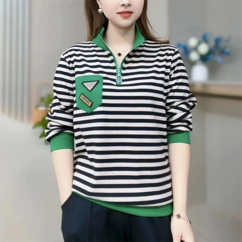

Women's Long Sleeve Stripe T-Shirt Semi Zip Stand Collar Fake Two Piece Loose Slim Base Layer Spring Autumn Tops