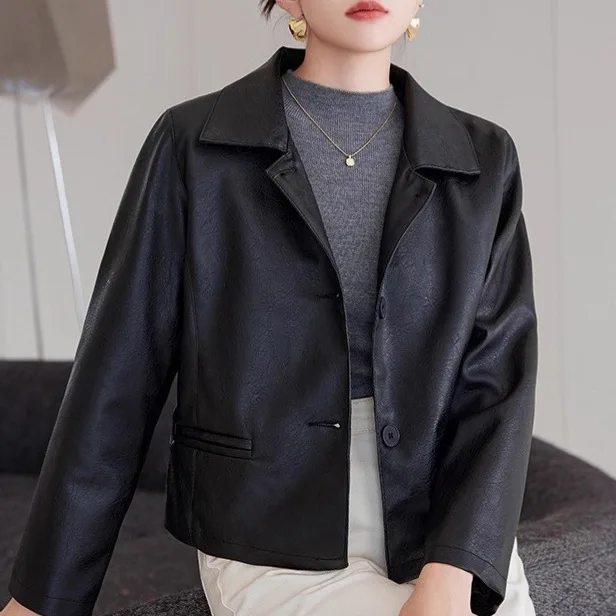 Women's Faux Leather Jacket Turn Down Collar Long Sleeve Stylish Slim Fit Comfortable Trendy Versatile Casual Daily Wear Jacket