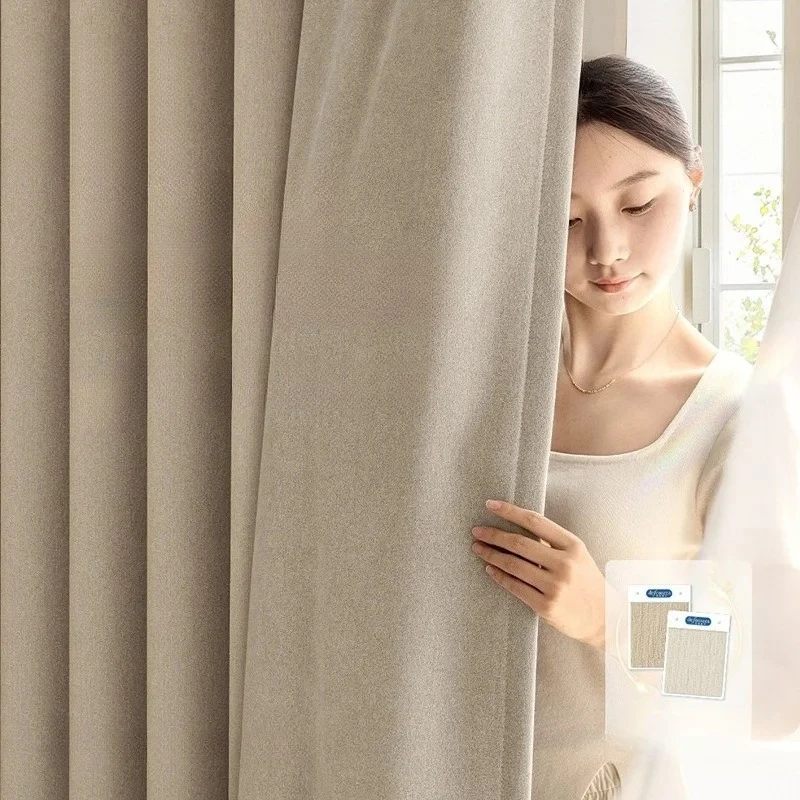 Living Dining Room Bedroom Cream Solid Color Chenille Full Blackout Sunscreen Thermal Insulation Curtains Custom Size Decor