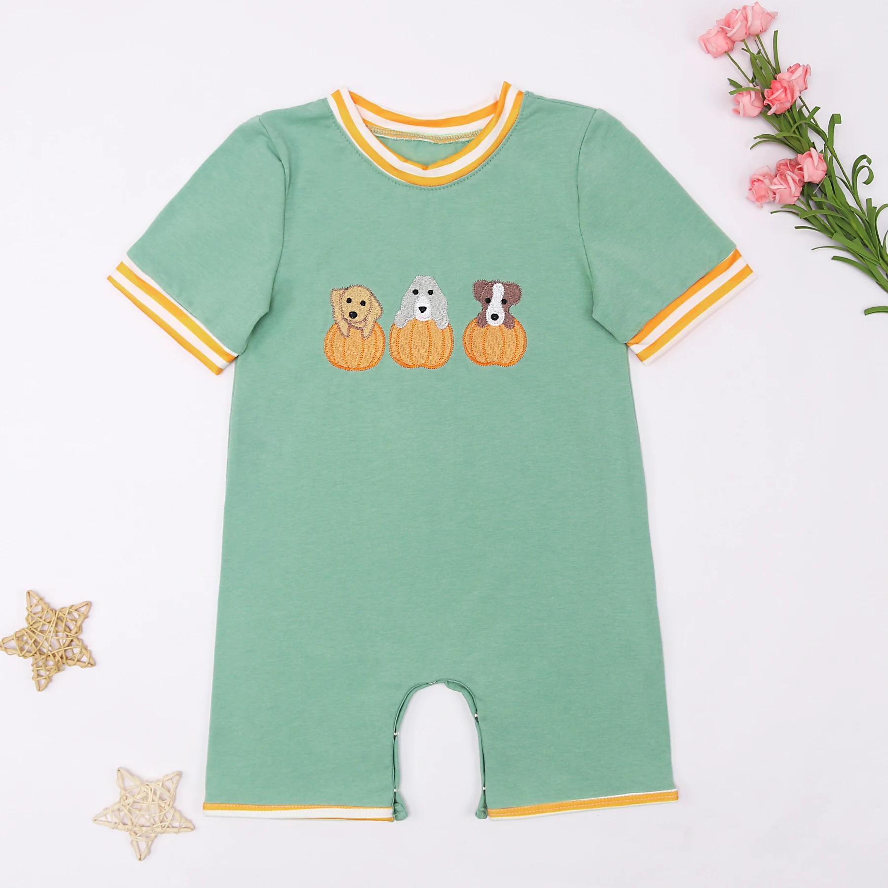 

Fall Baby Boy Clothes Set Three Pumpkin Embroidery Kid Bubble CyanTop Sleeveless Children Outfit Loungewear One Piece Romper