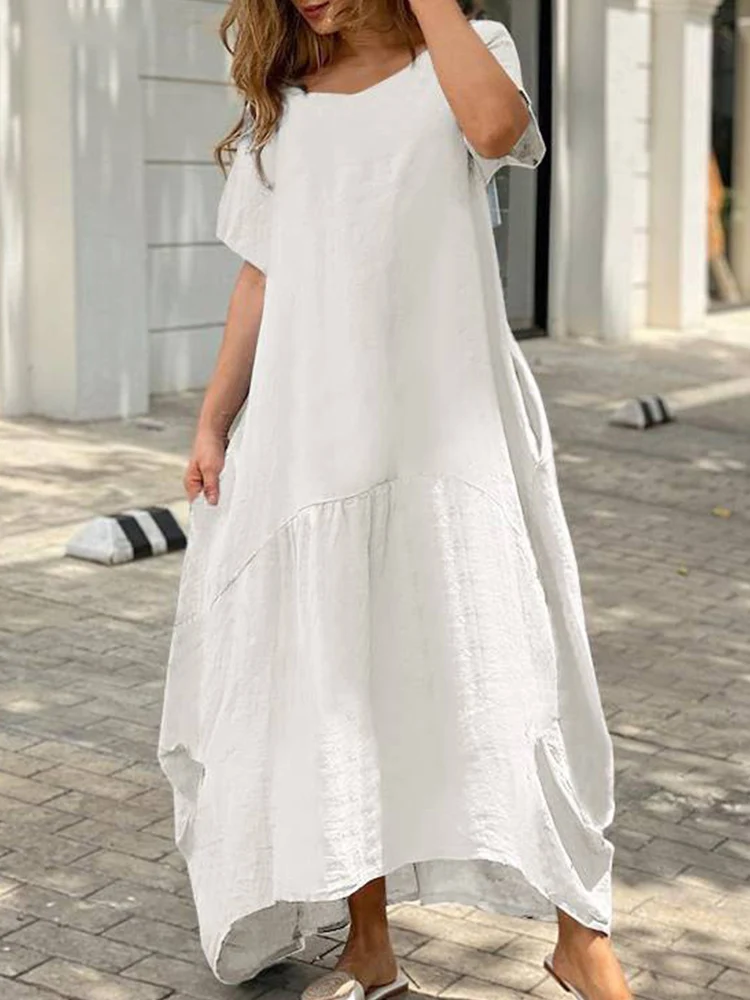 Hot Women Summer Fashion Cotton Linen Pocket Dress Casual Short Sleeve O Neck Loose Long Dress Simple Solid Lady A-Line Dresses