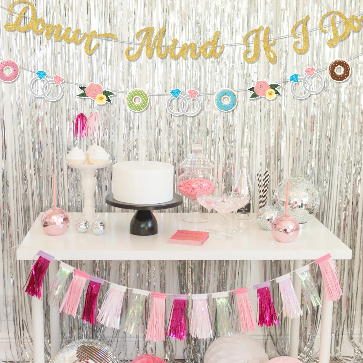 Doughnut Bridal Shower Decor, Donut Mind If I Do Banner, Sweet Floral Pink Teal Ring, Doughnut Garland, Bachelorette Party Decor