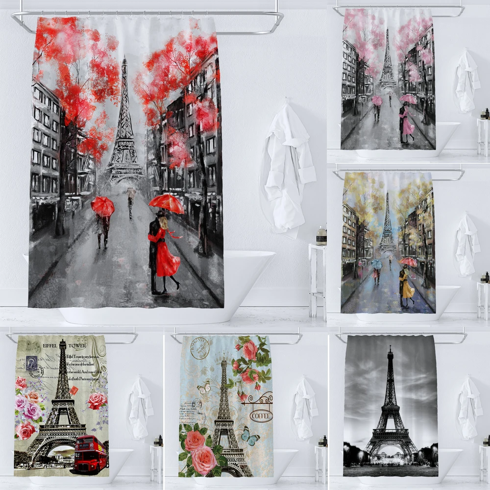 Nordic style Paris Tower Shower Curtain for Bathroom Retro Flowers Shower Curtains Printed Polyester Waterproof Bath Curtain