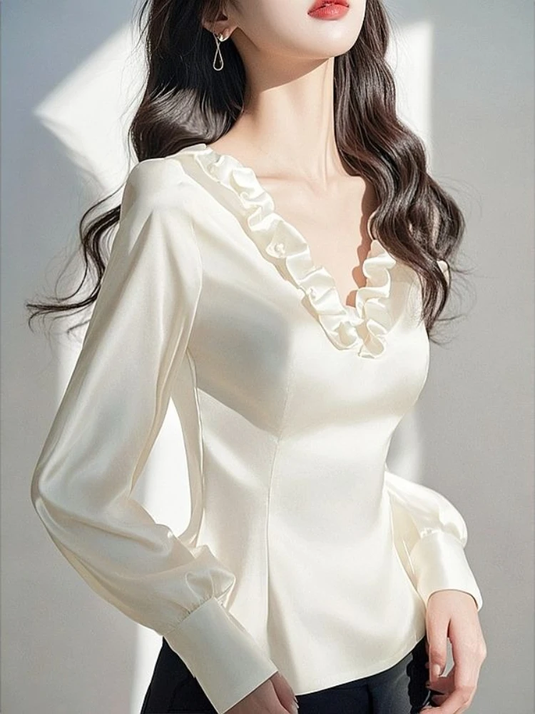 

French Elegant Blouses Chiffon V Neck Long Sleeve Solid Color Ruffles Patchwork Shirts 2025 New Tops Female Slim Women Clothing