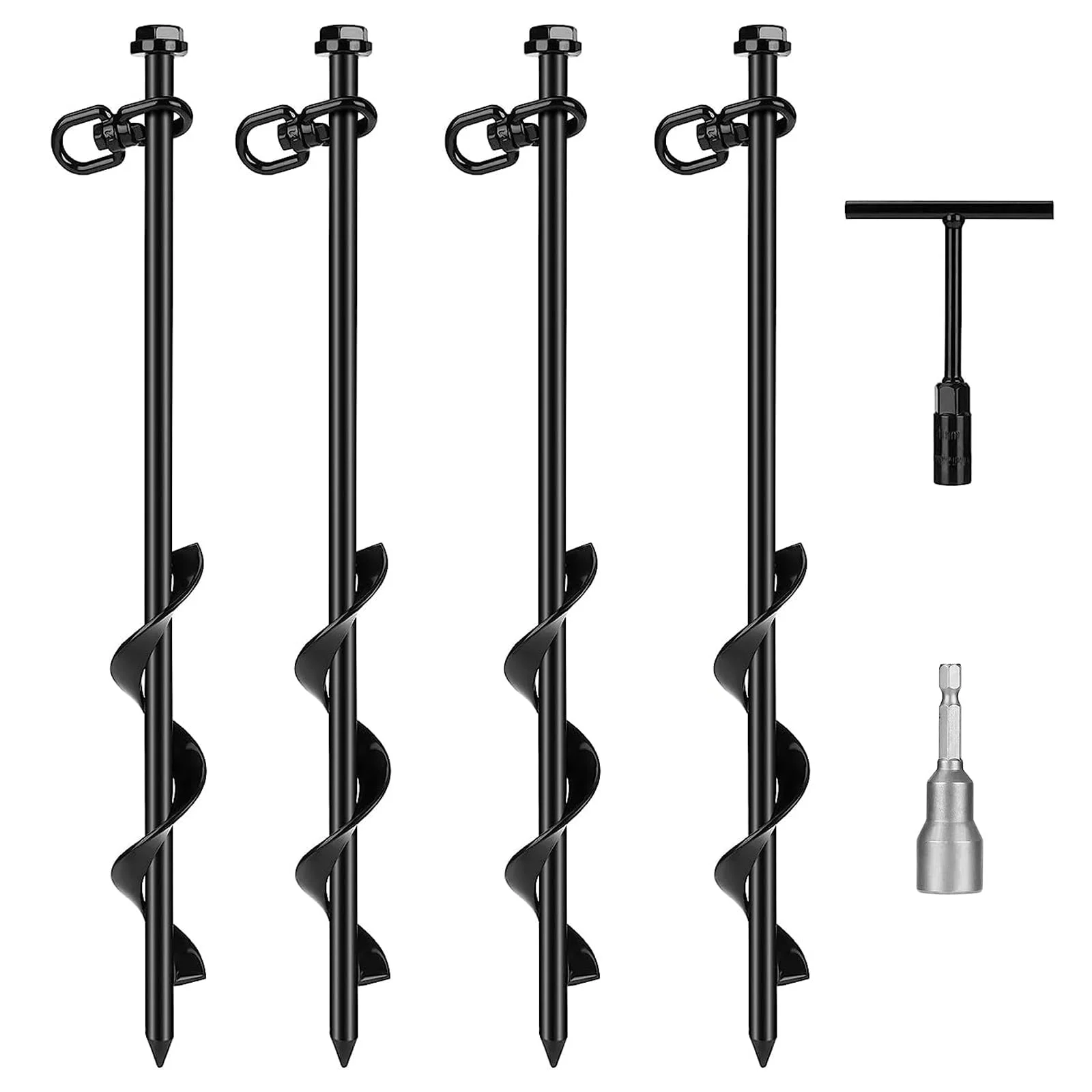 4-Pack 40cm Screwing Ground Anchor for Trampoline with Swing Adapter And Cross Handle Steel Swing Set Anchor