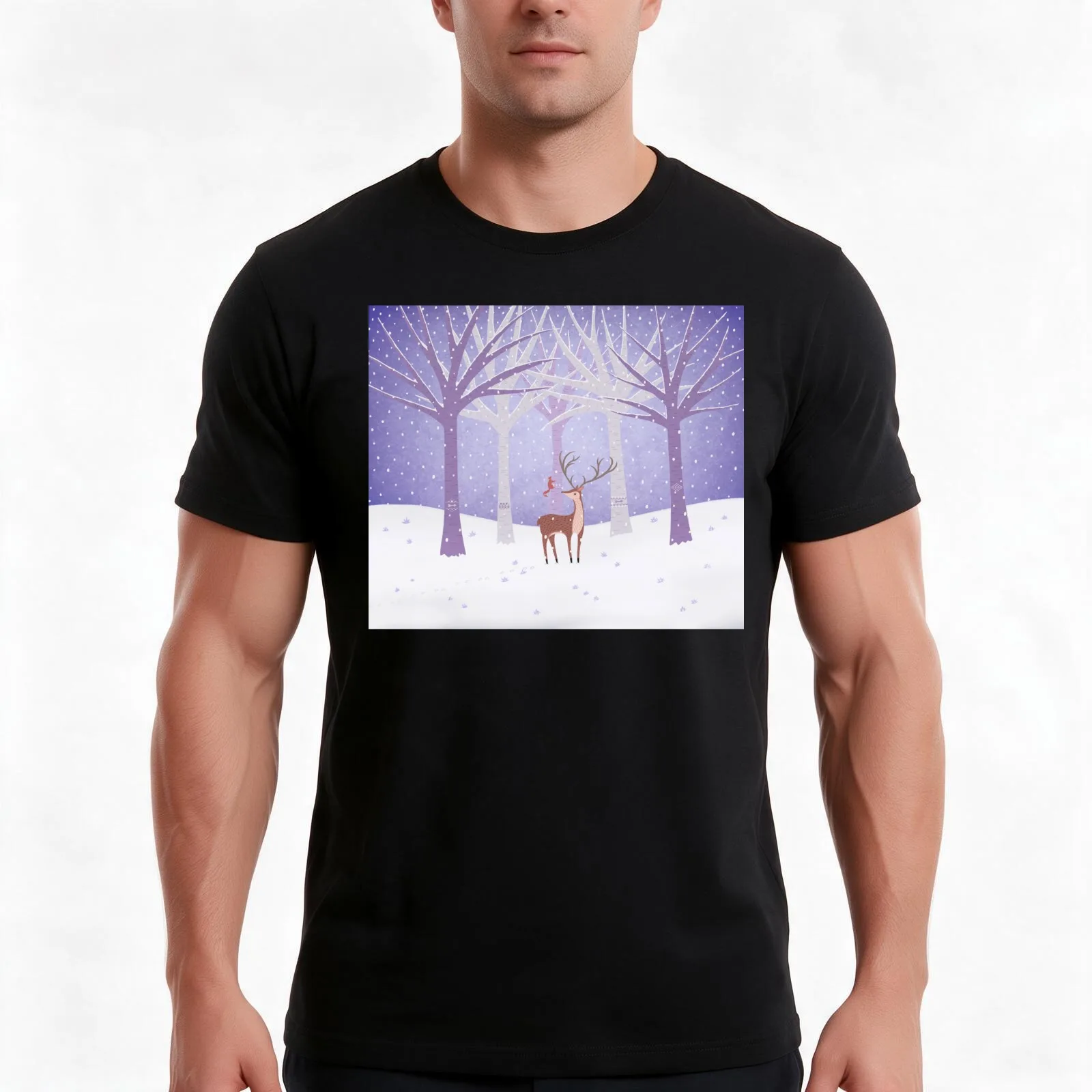 Deer - Squirrel - Winter - Snow Forest T-Shirt, Summer Casual Cotton Tee, Oversized Streetwear Tops, Vintage Graphic Print