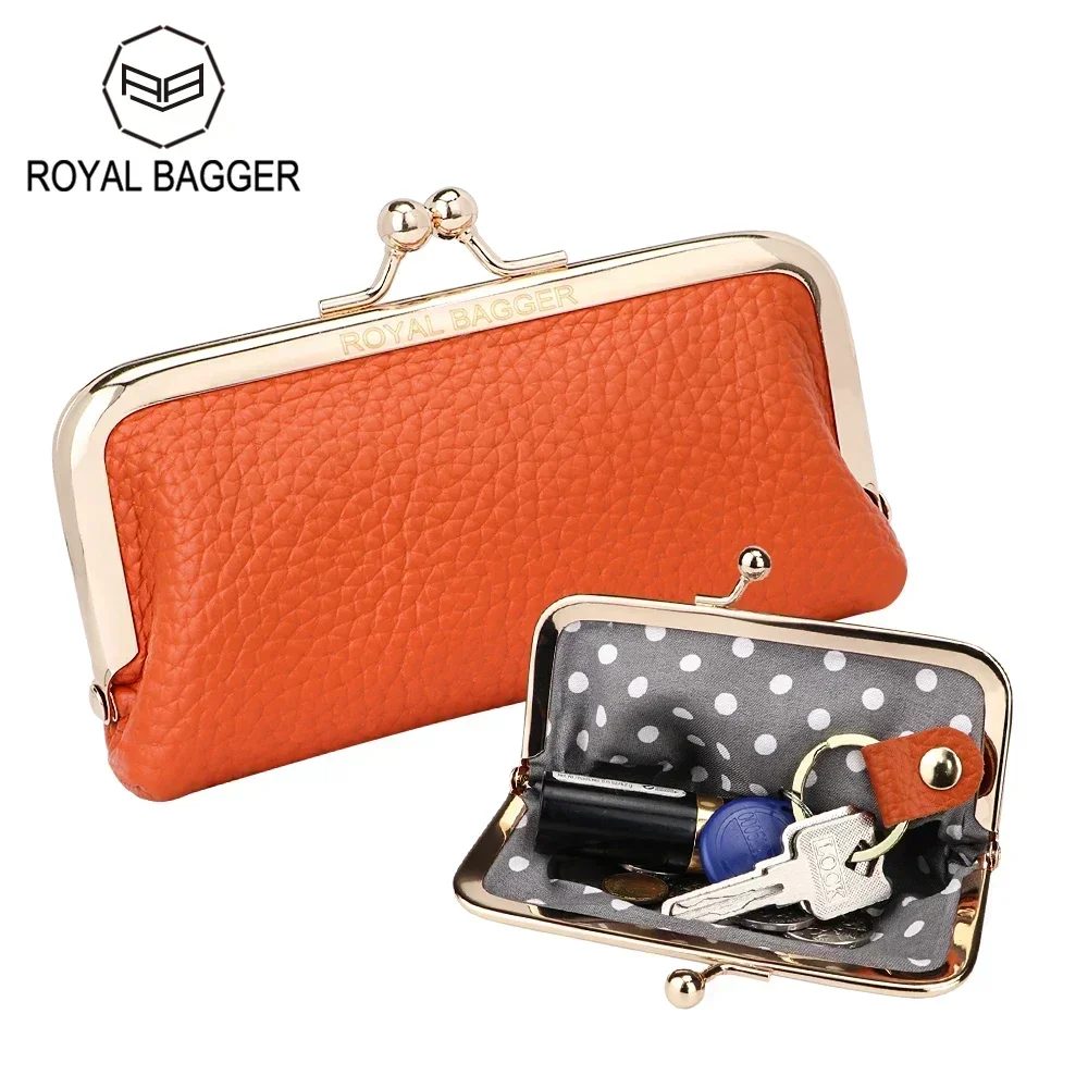 

Royal Bagger Coin Purse for Women Genuine Cow Leather Solid Color Credit Card Holder Lipstick Storage Bag with Kiss Lock 1472