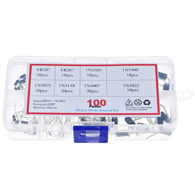 100 Stück Dioden Box Kit Gleichrichter Schottky 1N4007 1N4148 1N5817 1N5408 1N5822 1N5399 FR107 FR207 Diodenpaket-Sets