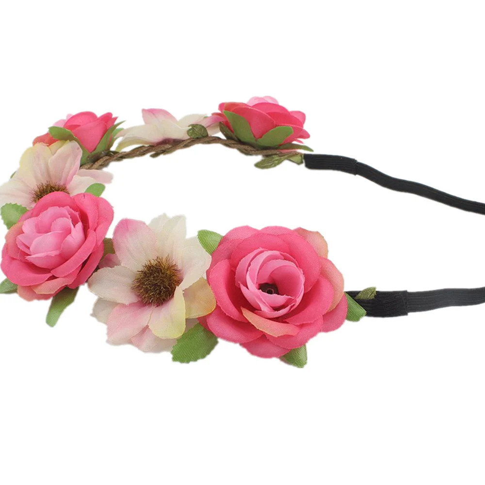 Bohemia Women Rose Flower Headband with Adjustable Ribbon Wreath Crown Floral Wedding Hair Garland for Activities Party Headwear