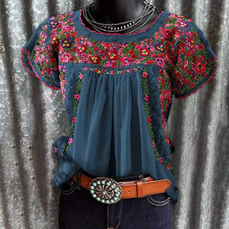 Summer Tops Women's Round Neck Fashionable Printed Loose Short Sleeved T-shirt