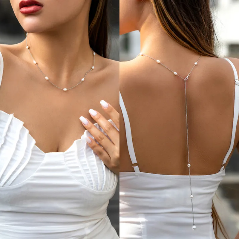 

IngeSight.Z Simple Oval Imitation Pearl Chain Tassel Back Body Chain Women Wedding Boho Beads Pendant Necklace 2023 Summer