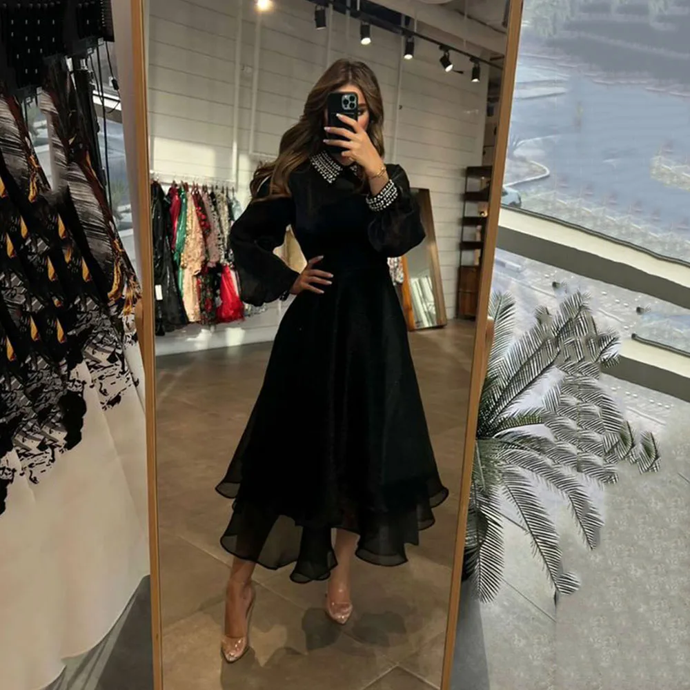 SoDigne Fashion 2023 Long Sleeves Prom Dresses O Neck Tea Length Beads Black Formal Women Party Gowns Occasion Arabic Evening