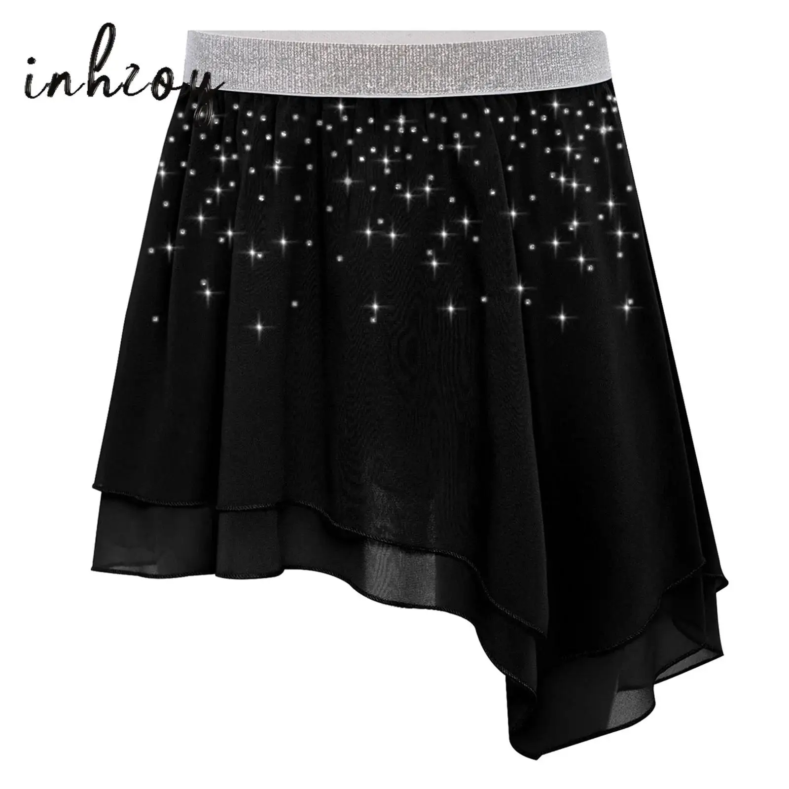 

Kids Girls Skating Dress Elastic Waistband Shiny Rhinestones Asymmetrical Chiffon Ballet Skirt for Ballet Latin Dance Tutu Skirt