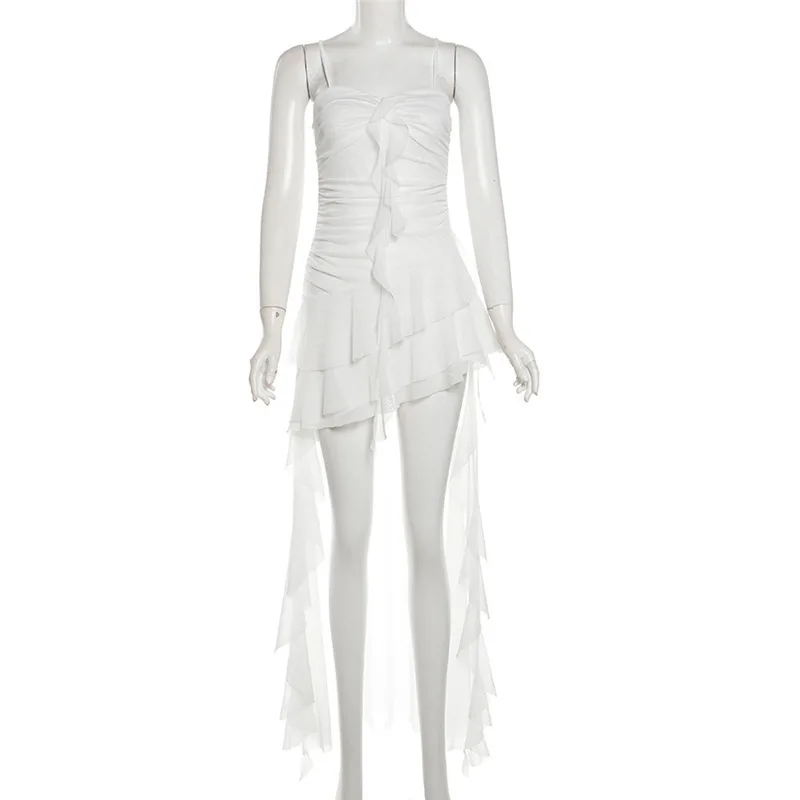 Irregular sólido midi vestido feminino sexy cintas de espaguete babados vestidos verão feminino longo curto volta longo retalhos pura malha