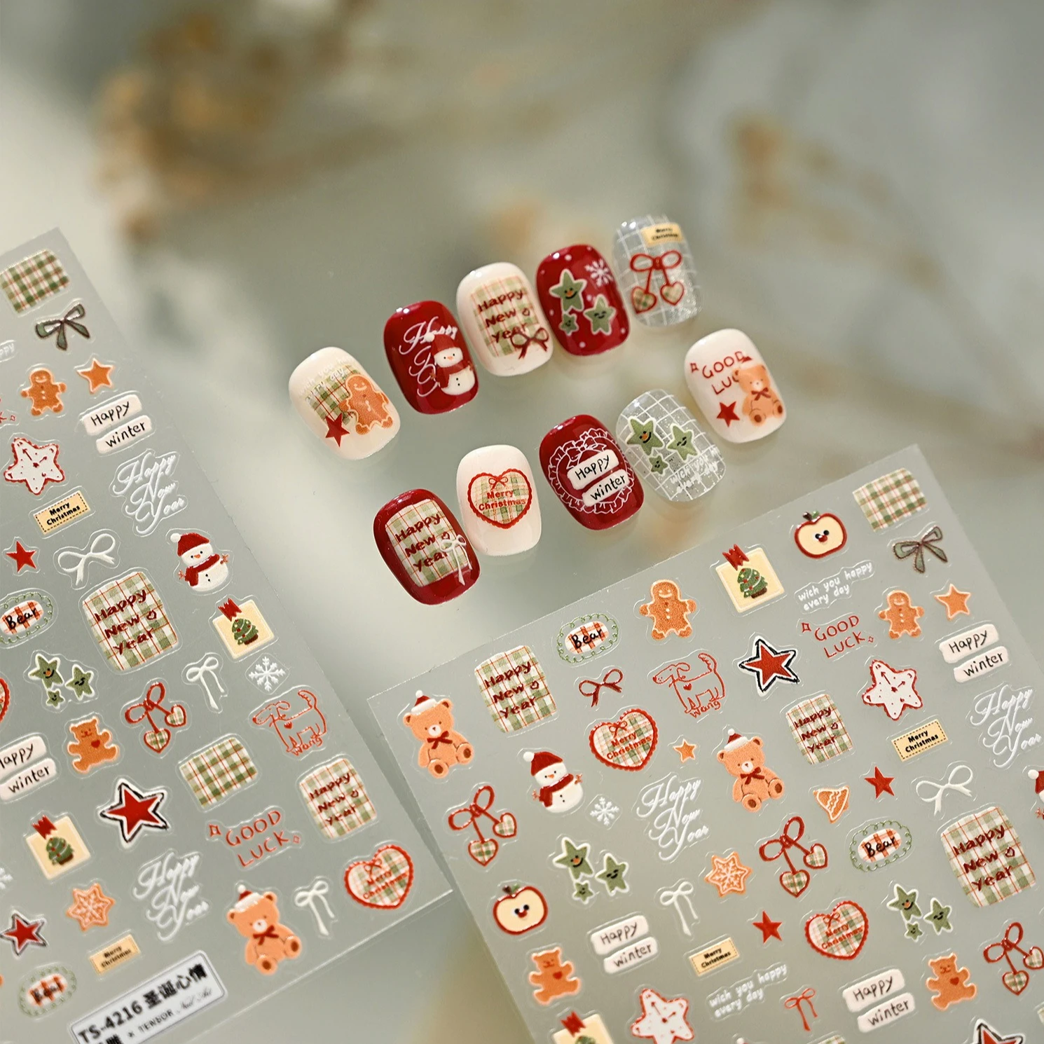 عيد الميلاد الدب Bowknot ثلج الحب القلب شريط النسيج ندفة الثلج الأحمر الأخضر ستار الكلب الزنجبيل مسمار الفن ملصق مانيكير مائي #5