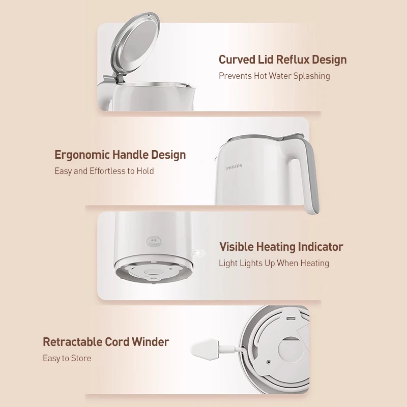 Philips waterkoker PHPHD9366 roestvrijstalen waterkoker anti-verbranding isolatie, snel kokend in 6 minuten