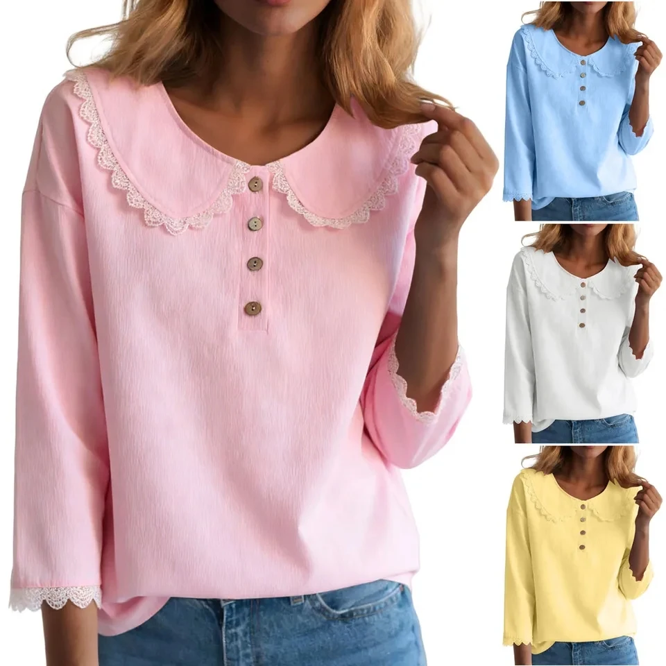 

Spring Summer Lapel Pullover Shirt Women Cute Lace Trimmed 3/4 Sleeves Tunic Tops Solid Color Button Down Shirts And Blouses
