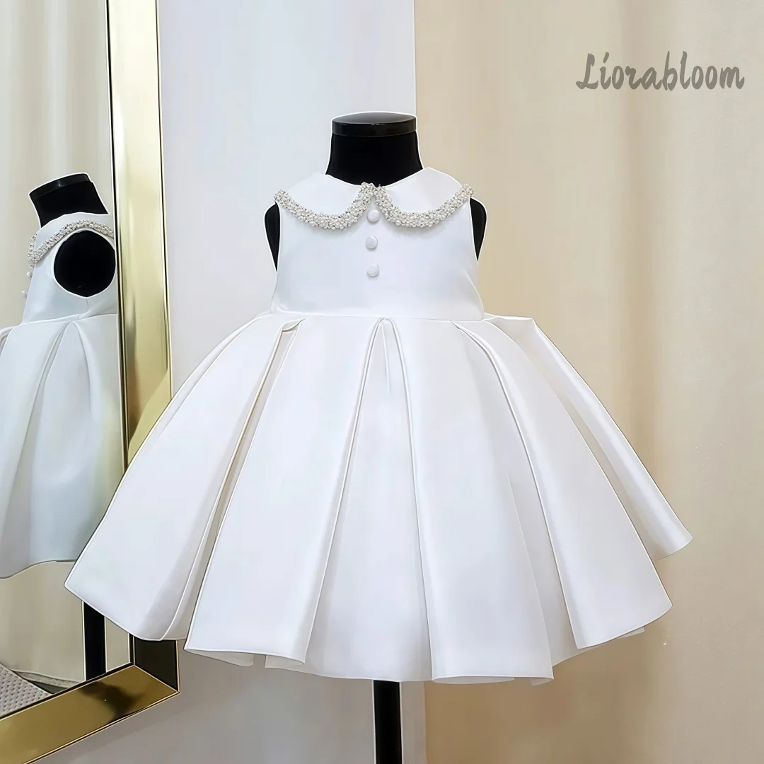 

Sleeveless White Children's Formal Dress Short Length with Pearl Embellishments Flower Girl Dress Children's Hosting Attire
