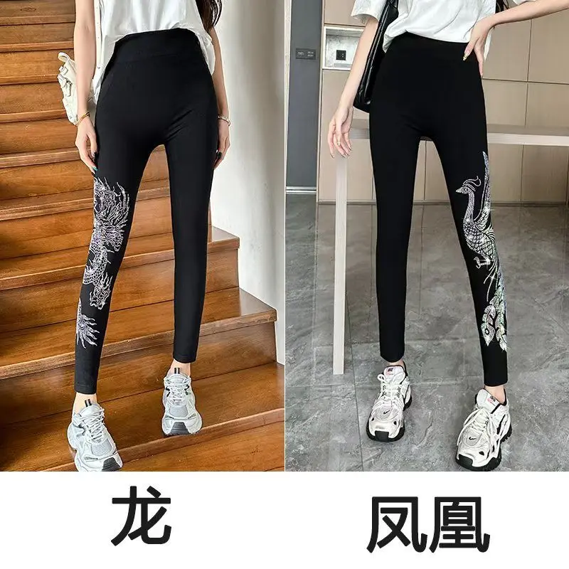 Primavera outono modal leggings feminino com strass elástico em relevo dragão e phoenix cintura alta emagrecimento calças cortadas
