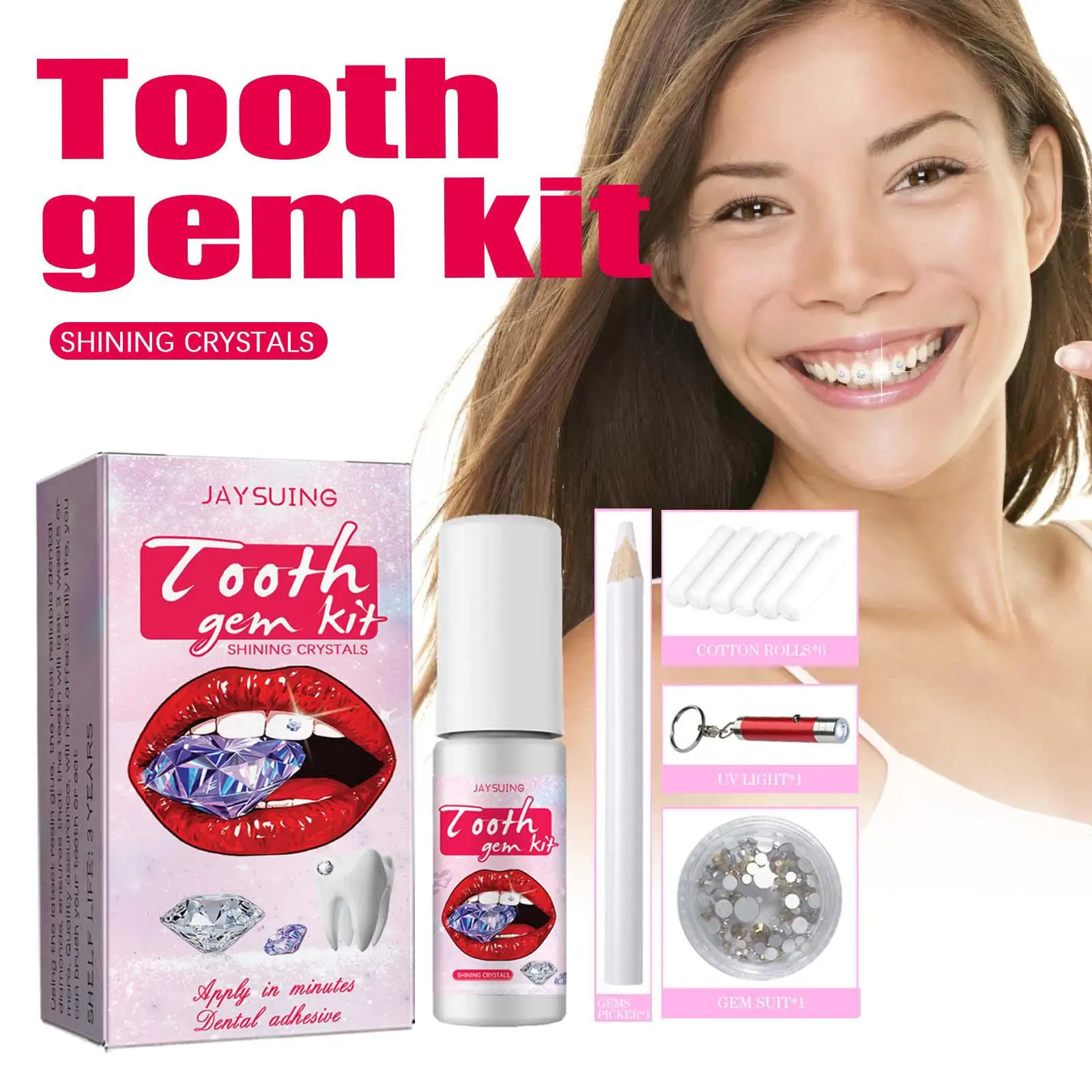 Tooth Gem Set White Rhinestone DIY Dental Jewelry Beautiful Easy To Remove Install Sturdy Gems With Curing Light And Glue