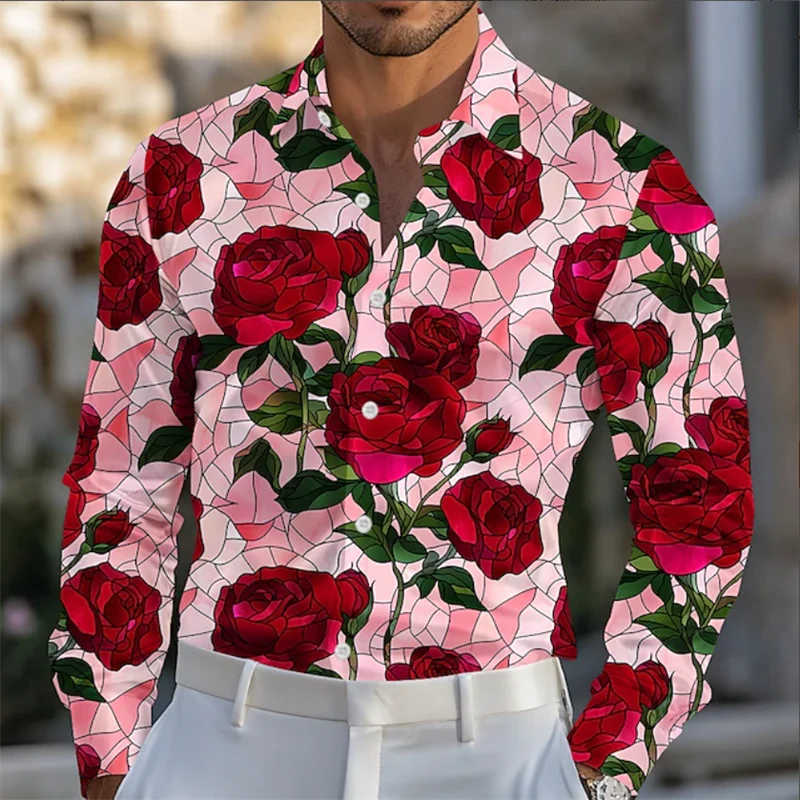

New Men's Long Sleeve Shirt High Quality Casual Fashion 3D Rose Pattern Printed Shirt Fashion Long Sleeve Shirt
