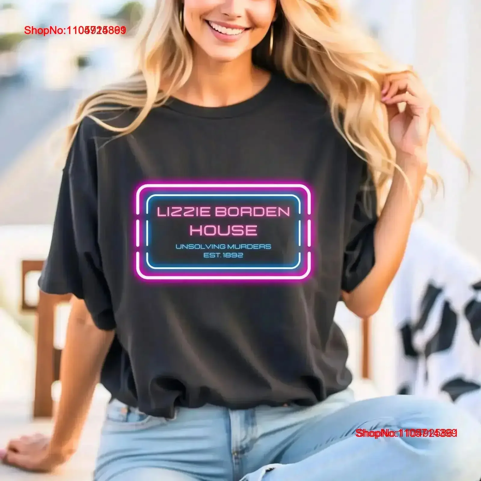 Lizzie Borden Neon Black Light T Shirt for Halloween and Creepy Locations vintage Washed Slightly Versatile Casual homme Unisex