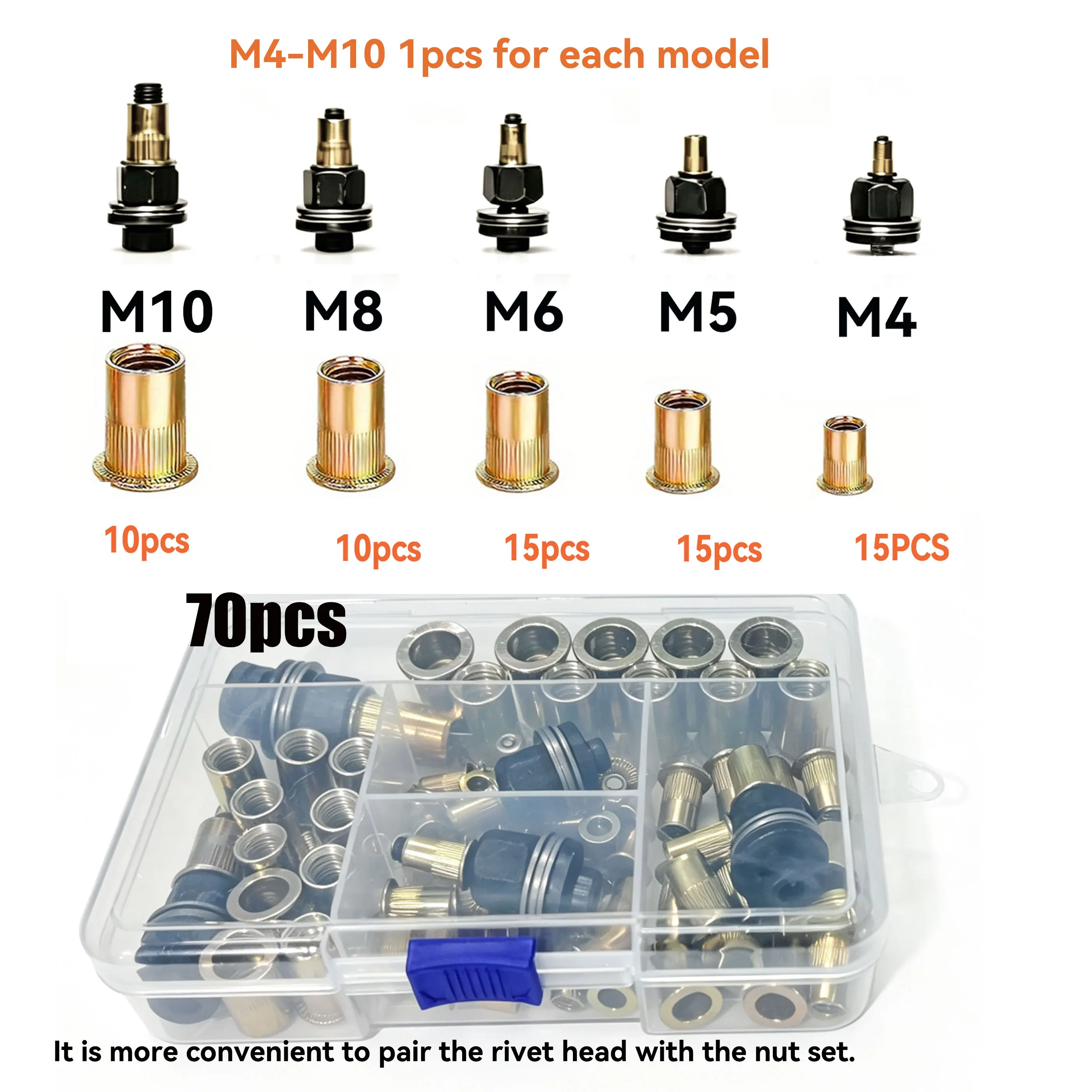 216/304-delige set met klinkmoeren en handgereedschap, metriek assortiment klinkmoeren (M12/M10/M8/M6/M5/M4/M3), geschikt voor meubels, decoratie, de auto-industrie, de scheepvaart en industriële