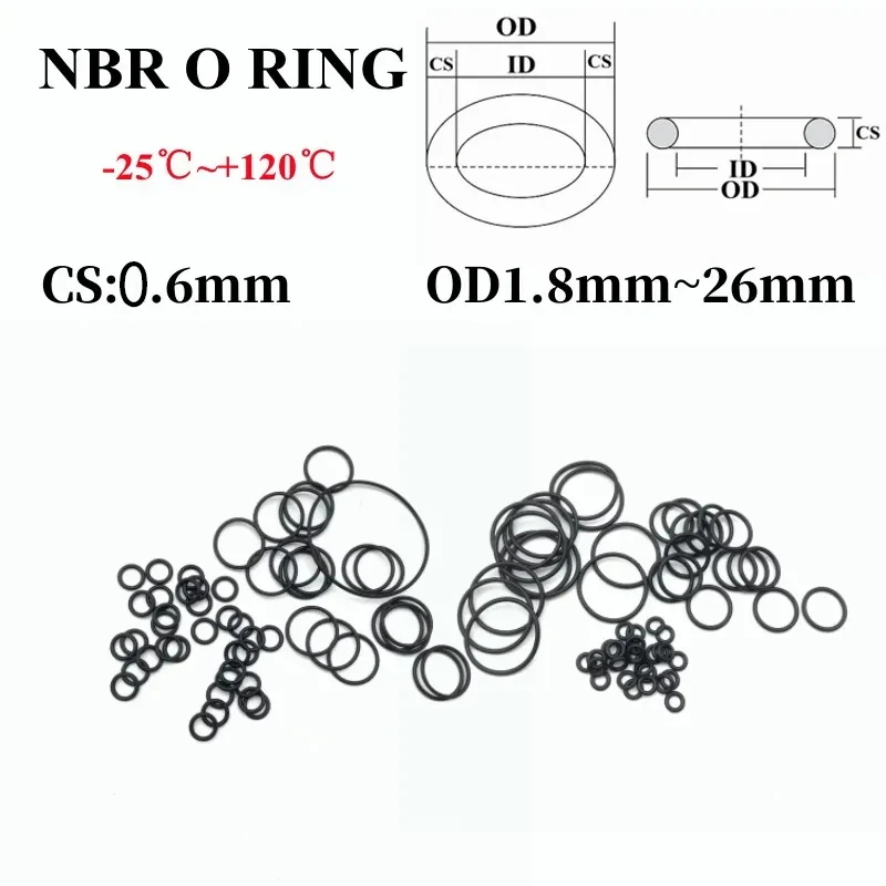 50pcs NBR O Ring Seal Gasket Thickness CS 0.6mm OD1.7~39.2mm Nitrile Butadiene Rubber Spacer Oil Resistance Washer Round Shape