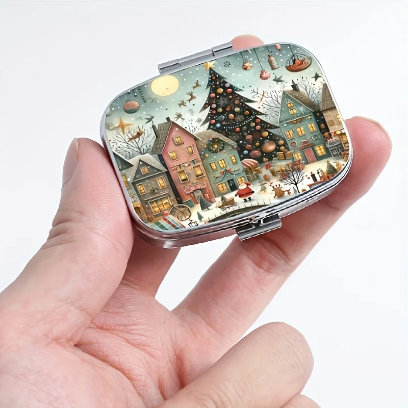 1 Printed Christmas Tree City Pattern Metal Pill Box - Double-Compartment Portable Square Medicine Organizer, Food-Grade Safe Travel Jewelry Earring Storage Box, Portable Pocket-Sized Wallet-Sized, Unique Holiday Gift