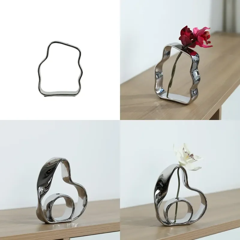 Modern Silver Ceramic Vase Art Decor for Living Room TV Cabinet Entryway Flower Arrangement Niche Design Ornament