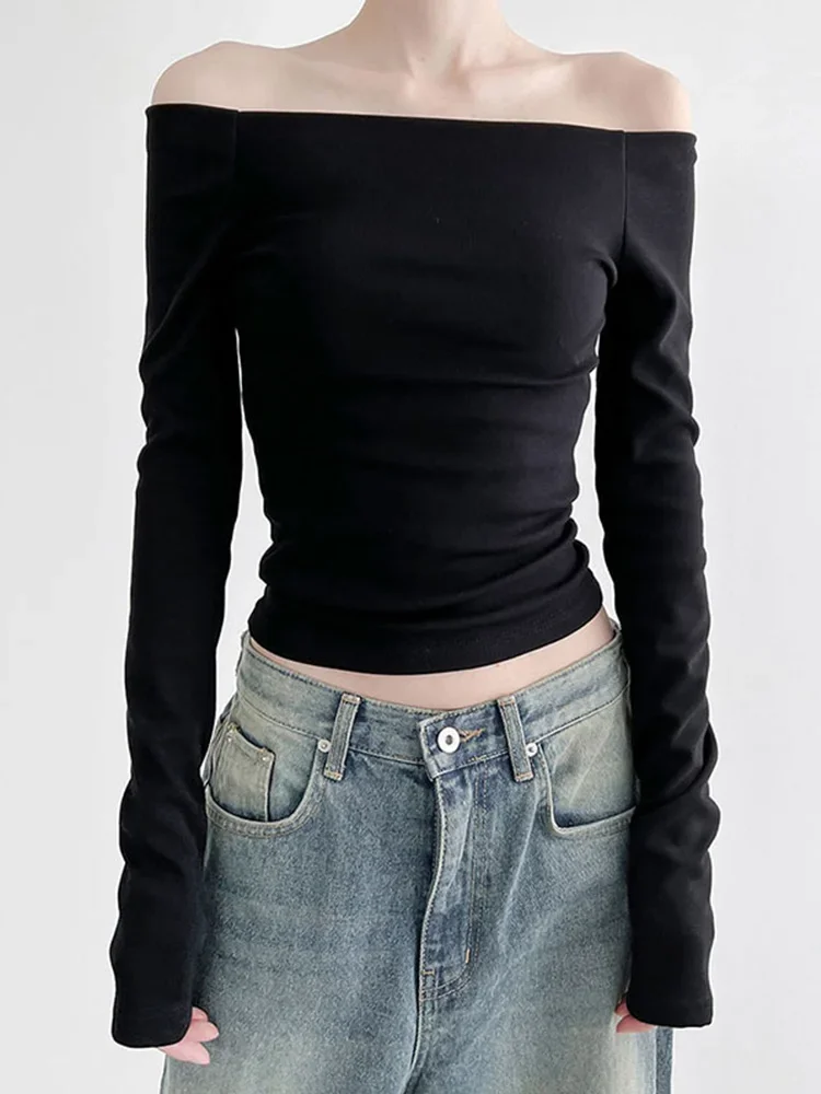 

Черный однотонный элегантный топ с воротником-лодочкой и длинным рукавом, корейская мода, облегающая пикантная укороченная футболка, женская осенняя одежда