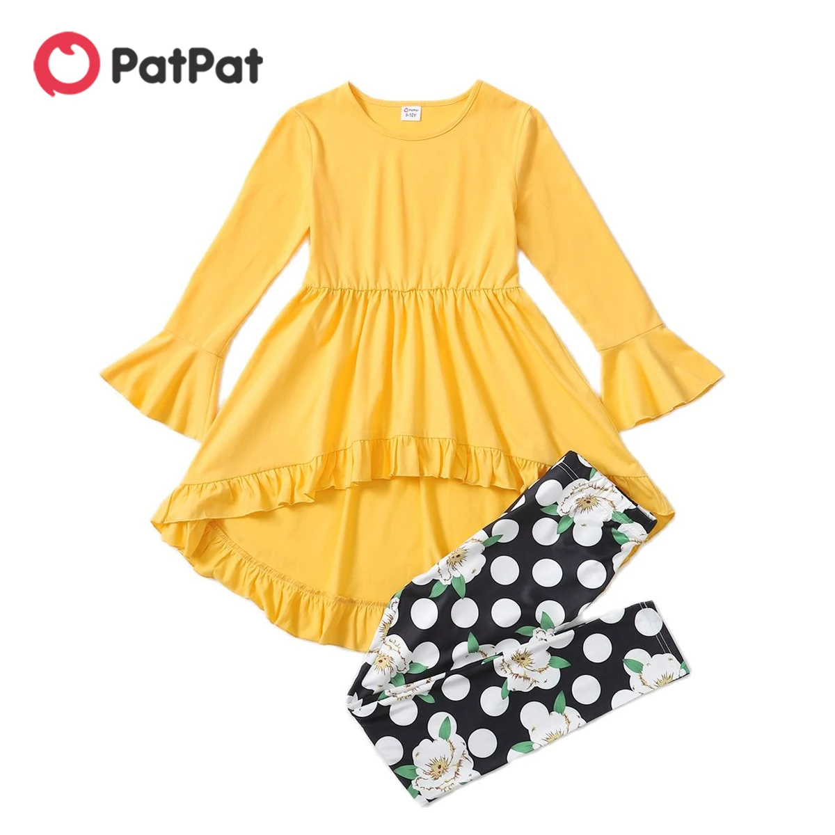 

PatPat 2-piece Kid Girl Clothing Set Bell sleeves Ruffled High Low Solid Top and Floral Polka dots Print Leggings Set for Kids