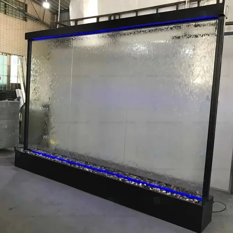 【2026】نافورة جدارية زجاجية كبيرة الحجم مع ميزات شلالات مياه داخلية من الفولاذ المقاوم للصدأ مطلية بالمسحوق لتزيين المنزل