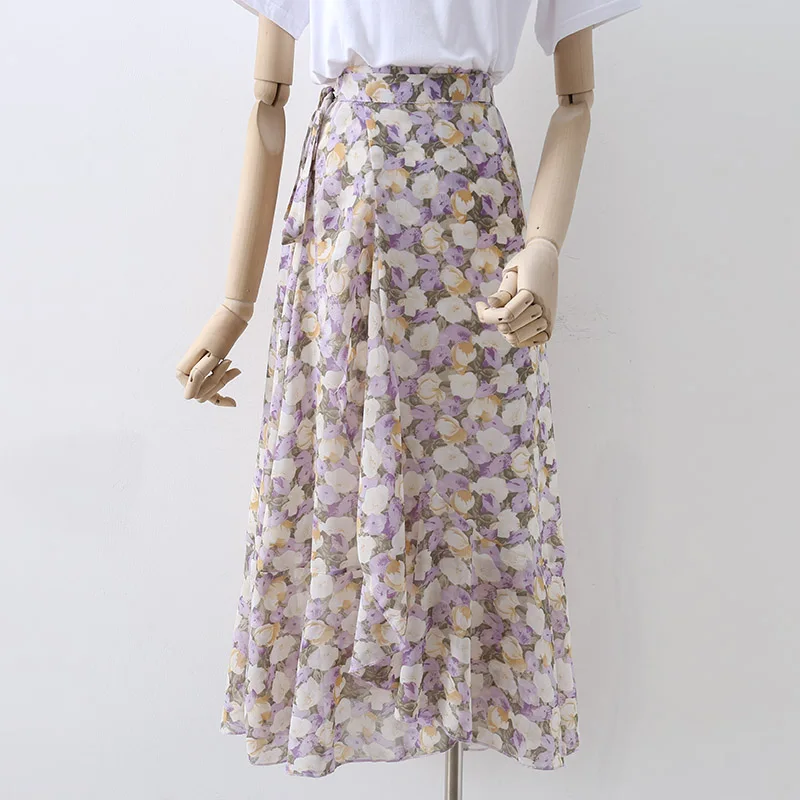 

Women's Chiffon Floral Skirts, Sweet Style Bandage, Asymmetrical Knee-Length, Elegant Female Skirts, New Design, Summer, 2022