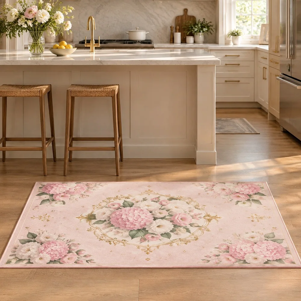 VIKAMA Floor Carpet Blush Pink Hydrangea Lisianthus Cluster Sunroom Reading Nook Walk In Closet Bathroom Modern Home Decor