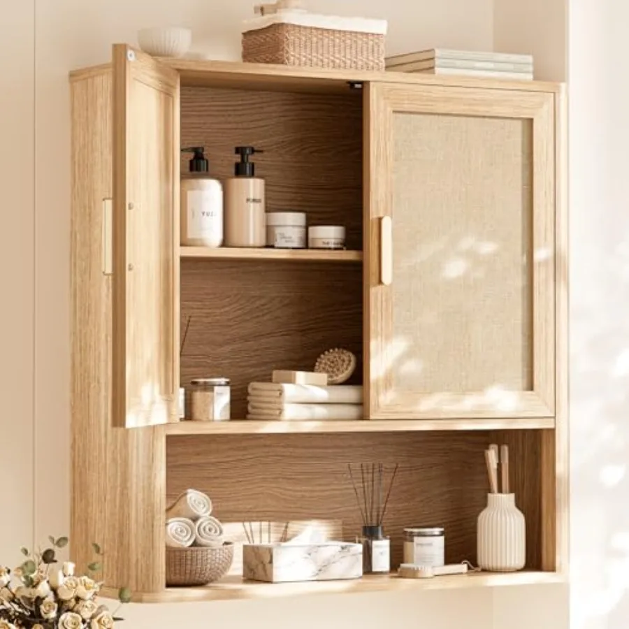 

Rattan Bathroom Wall Cabinet for Over-the-Toilet Storage Natural Brown Woven Material with Adjustable Wood Shelf Doors Lightwei