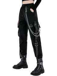 Black Cargo Pants for Women Techwear Female Goth Joggers with Chain Casual Trousers Hip Hop Sweaatpants Loose Street Rock Style